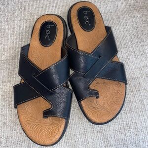 b.o.c. Black Leather Crossover Slide Sandals with Tan Footbed